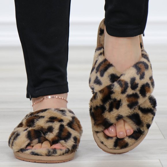 Shoes - Leopard  Fuzzy Plush Criss Cross Sandal Sliders
